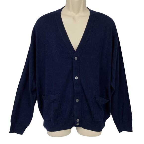 Jos A Bank Merino Wool Cardigan Sweater Mens Medium Navy Blue V Neck Grandpacore - Picture 1 of 10
